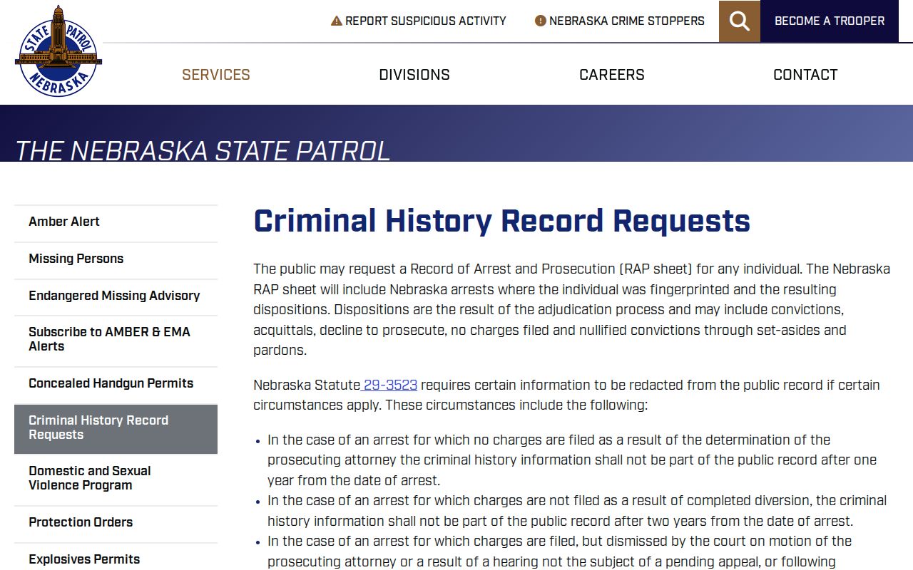 Nebraska State Patrol request options for Webster County criminal history