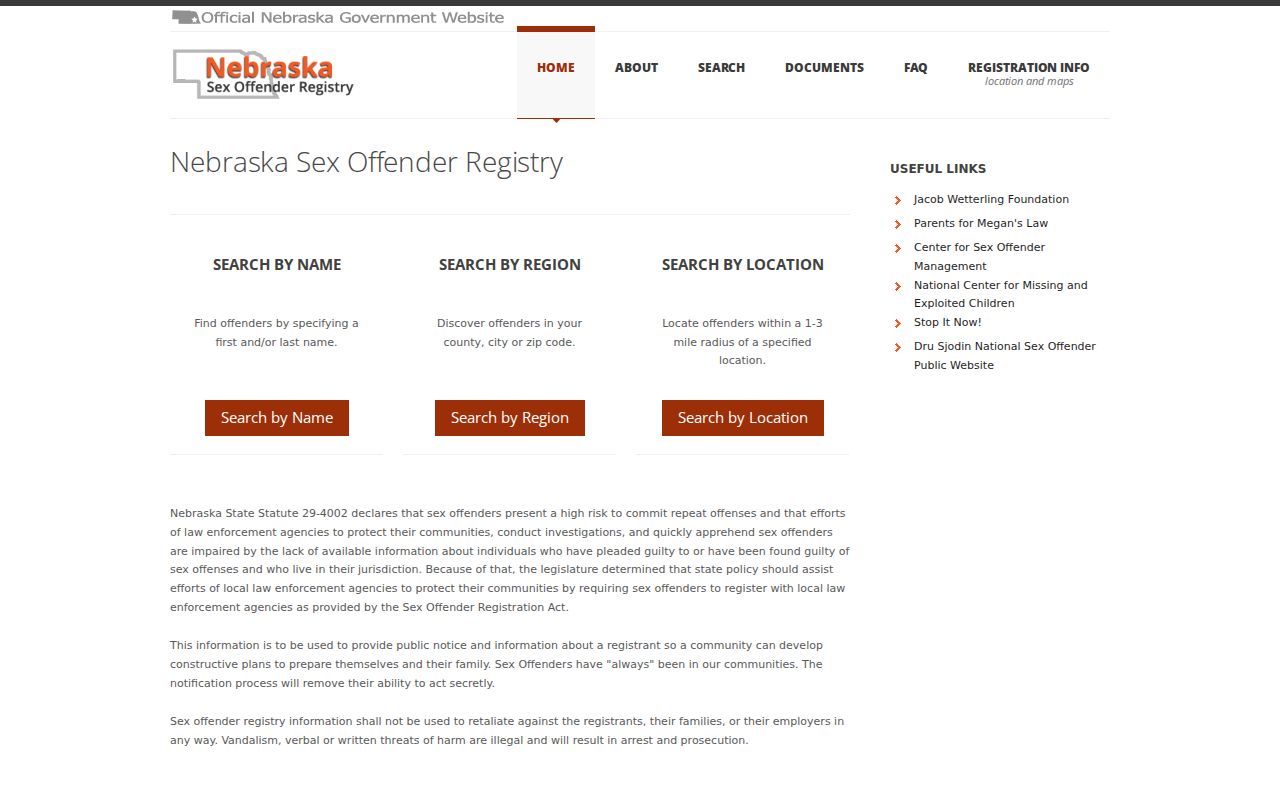 Webster County sex offender search on the Nebraska registry home